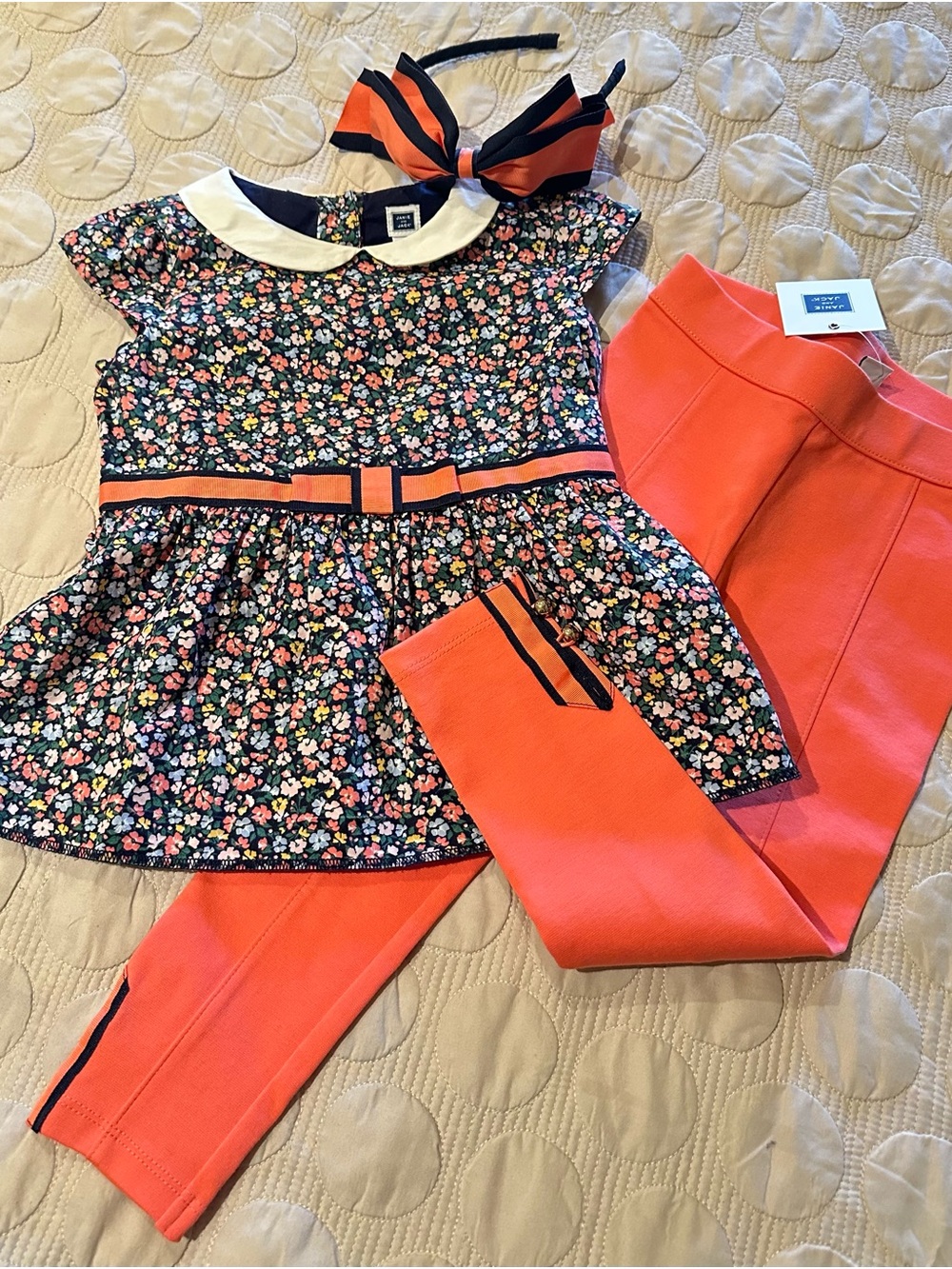 Janie and Jack Coral and Navy Floral Knit Top, Coral Leggings & Headband Set